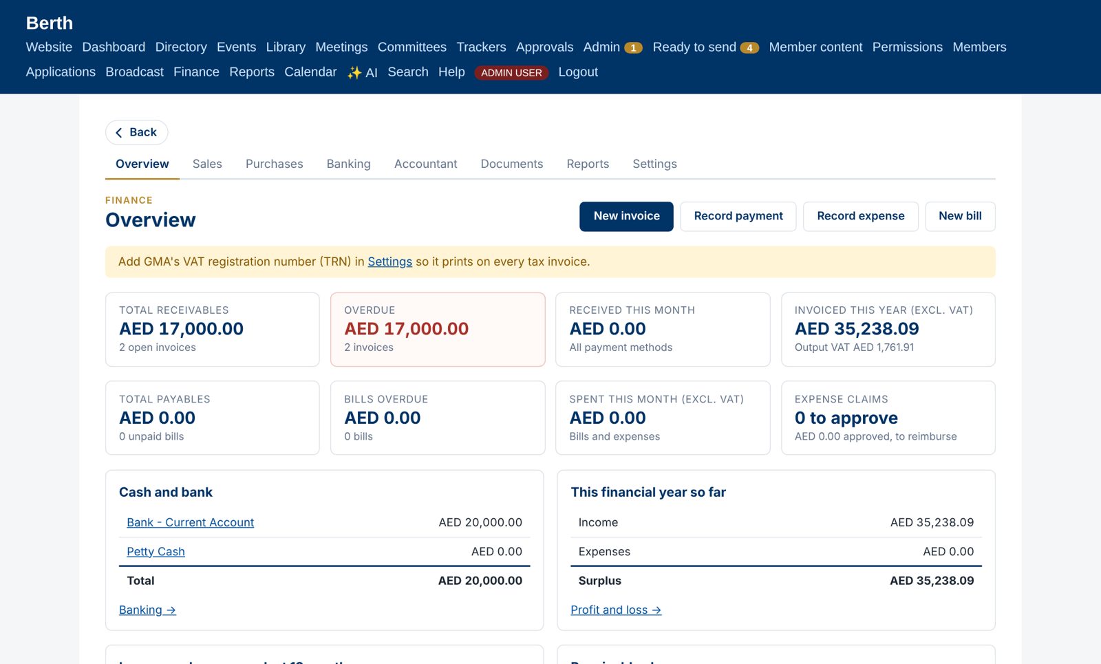 Finance overview with receivables, payables, cash and bank